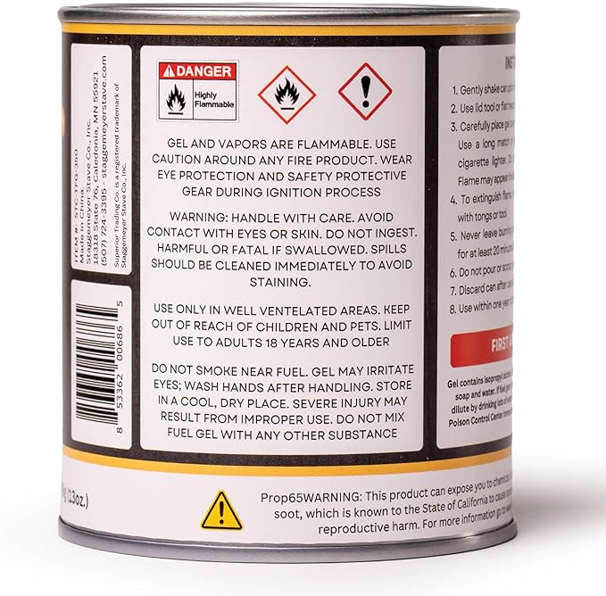 Superior Trading Co. Real Flame Gel Fuel Cans for Fireplace, Clean-Burning Ethanol Fuel Gel, Smoke-Free, 3-Hour Burn, Indoor Safe, 368g, 12 Pack