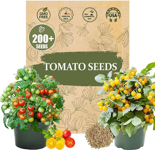 Dwarf Duo Tiny Tim Tomato Seeds - 100+ Red & 100+ Yellow Dwarf Tomato Variety, Cherry Tomato Seeds for Containers, Balcony, Patio, Pots, Indoor Outdoor Gardening, Heirloom, Non-GMO, Easy to Grow