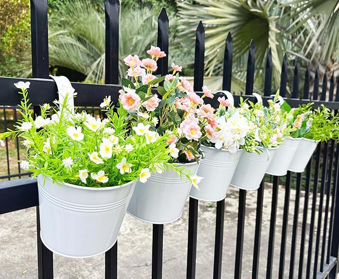 6 Pack Hanging Flower Pots, 6" White Metal Balcony Planters for Herb Succulent, Samll Railing Fence Hanging Bucket for Outdoor/Indoor Decoration (White, Pack of 6)