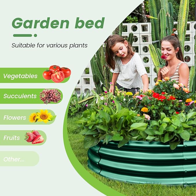 Land Guard 2×2×1ft Galvanized Raised Garden Bed Kit, Round Galvanized Planter Raised Garden Boxes Outdoor, Large Metal Raised Garden Beds for Vegetables, Green