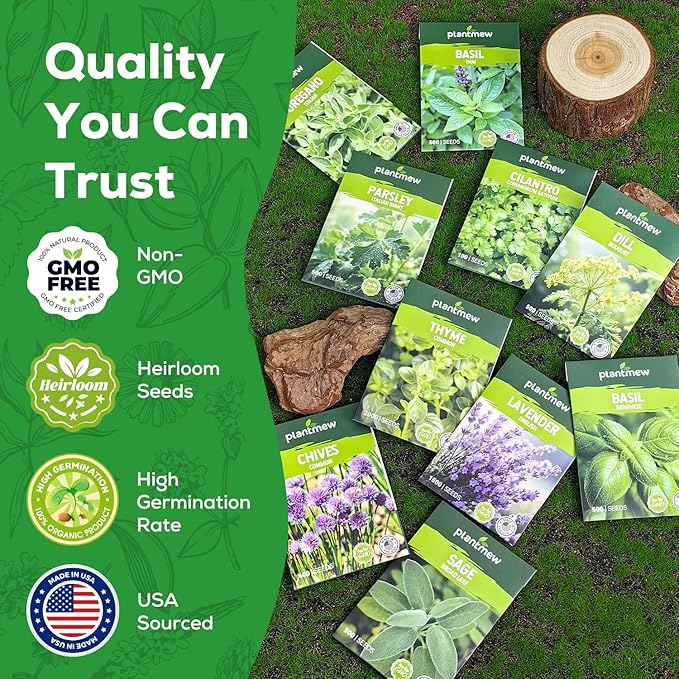 10 Herb Seeds Variety Pack - 7,000+ Heirloom Non-GMO Seeds - Basil, Cilantro, Lavender, Parsley, Dill, Thyme, Chives, Oregano, Sage, Herb Garden Kit for Planting Home Garden, Gardening Gift