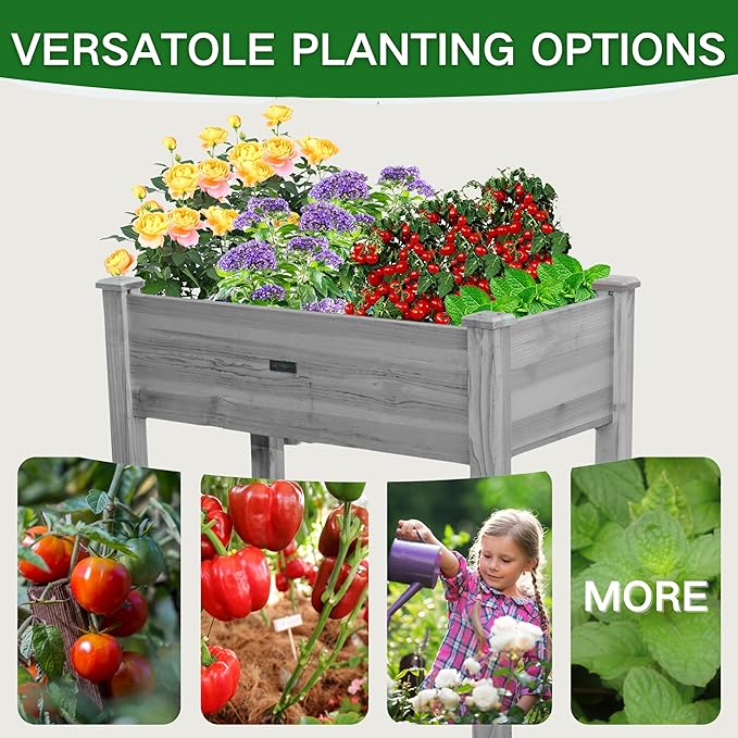 34x18x30in Wooden Raised Garden Bed with Legs,Elevated Reinforced Planter Box with Bed Liner for Backyard/Patio/Gardener,150lb Capacity - Gray