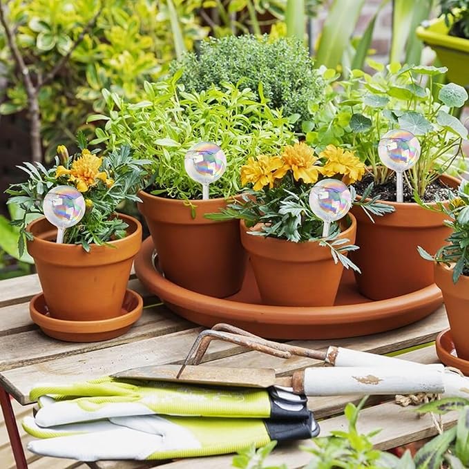 Plant Watering Globes, Iridescent Rainbow Glass Water Bulbs Self Watering Spikes Planter Insert Automatic Plant Watering Device for Indoor and Outdoor Plants (4Pcs, Ball Shaped)