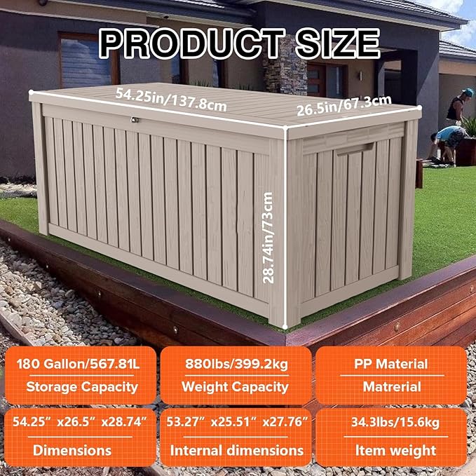 180 Gallon Lockable Resin Outdoor Storage Box, Waterproof & Weather Resistant Deck Box for Patio Cushion, Garden Tools & Pool Accessories, Grey