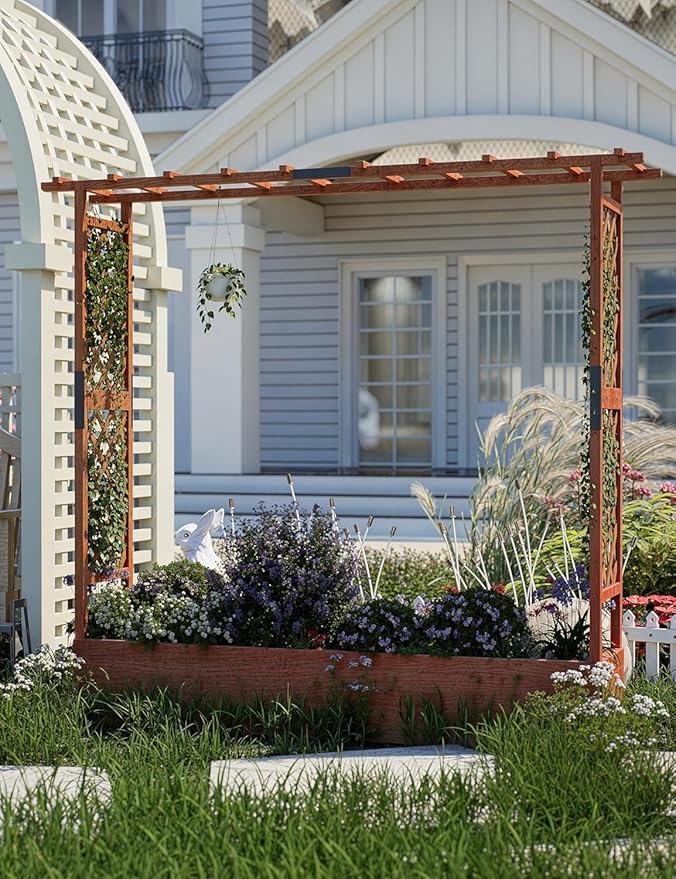 Raised Garden Bed with Trellis and Hanging Roof, Wooden Planter Box with Side Supports and Drainage, Freestanding Elevated Planter for Climbing Plants, Vines, and Flowers, 79x17x72Ft