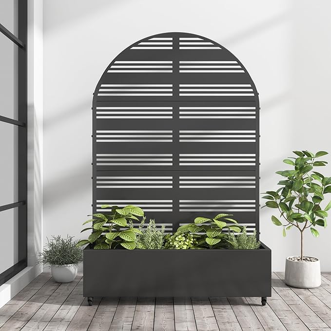 Casaphoria Metal Raised Garden Bed with Trellis and Wheels, 72"x47"x16" Arched Planter Box for Climbing Plants, Vegetables & Vines, Features Drainage Holes and Privacy Screen (Black-Harold)