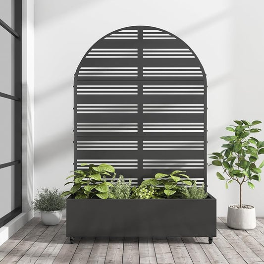 Casaphoria Metal Raised Garden Bed with Trellis and Wheels, 72"x47"x16" Arched Planter Box for Climbing Plants, Vegetables & Vines, Features Drainage Holes and Privacy Screen (Black-Harold)