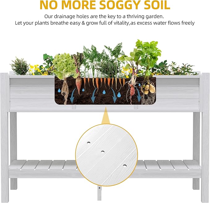 DWVO 48x18x30in Raised Garden Bed, Poly Wood Planter Box Stand,Weather Resistant Planter Box with Legs & Storage Shelf, Elevated Garden Bed for Backyard, Patio, Balcony,White