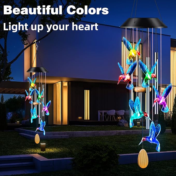 Wind Chimes,Hummingbird Solar Wind Chimes for Outside Color Changing,4 Aluminum Tubes Wind Bell for Garden/Patio Decor Thanksgiving Gifts for Mom, Wife, Grandma Neighbors(25 Inch Deep Tone)