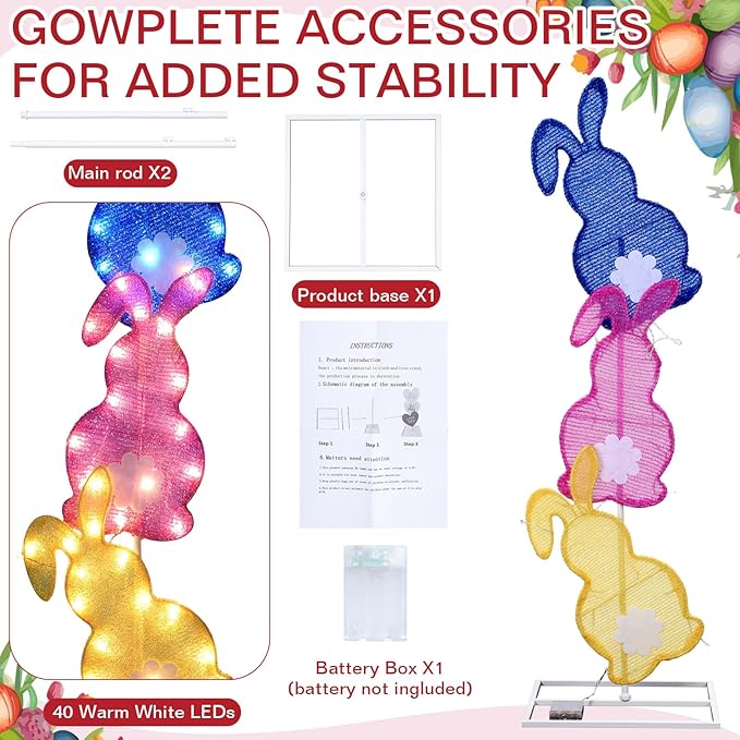 VIHOSE Easter Bunny Lights Outdoor Decoration 41 Inch H Pre-lit Lighted Heart Decor with 50 Warm White Lights Easter Rabbit Decoration for Indoor Outdoor Porch Garden Lawn Front Yard