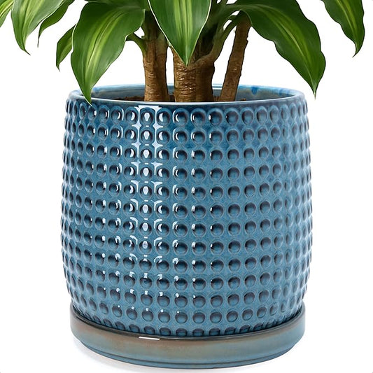 D'vine Dev 10 Inch Ceramic Beaded Stoneware Planter Pot - Flower Pot with Drainage Holes and Saucers for Indoor Succulent Plants or Flowers, Ocean Teal, 27-C-P-8