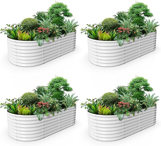 A ANLEOLIFE 4-Set 8X4X2 ft Galvanized Raised Garden Bed Kit, Oval Metal Deep Root Planters for Outdoor Plants, Antique White