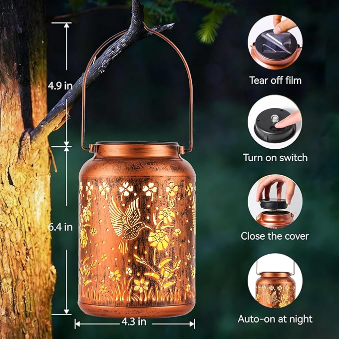 Hummingbird Solar Lanterns Christmas Birthday Gifts for Women Mon Grandma Garden Decor Metal Hanging Solar Lights LED Lamp Waterproof Outdoor Decoration for Yard Patio Lawn Pathway Landscape
