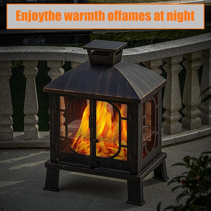 45" H×31''W Metal Chiminea Fire Pit with Grill, Wood Burning Fire Pits for Outside,Square Chimineas Fireplace with Mesh Spark Screen Door& Fire Poker for Garden,Yard,BBQ,Bonfire (Black&Gold)