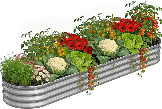 Anmiro Galvanized Metal Raised Garden Bed Kit for Outdoor Planter Boxes with Easy Assembly,4x2x1ft-2PCS Oval Large Galvanized Gardening Raised Bed for Vegetables, Fruits, Flower (Silver, 8 * 2 * 1ft)