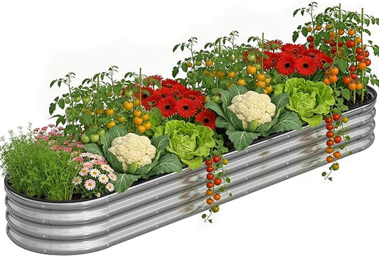 Anmiro Galvanized Metal Raised Garden Bed Kit for Outdoor Planter Boxes with Easy Assembly,4x2x1ft-2PCS Oval Large Galvanized Gardening Raised Bed for Vegetables, Fruits, Flower (Silver, 8 * 2 * 1ft)