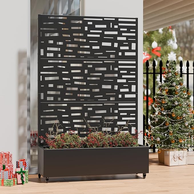 Casaphoria Metal Raised Garden Bed with Trellis and Wheels, 72"x47"x16" Planter Box for Climbing Plants, Vegetables & Vines, Features Drainage Holes and Privacy Screen (Black-Gerald)