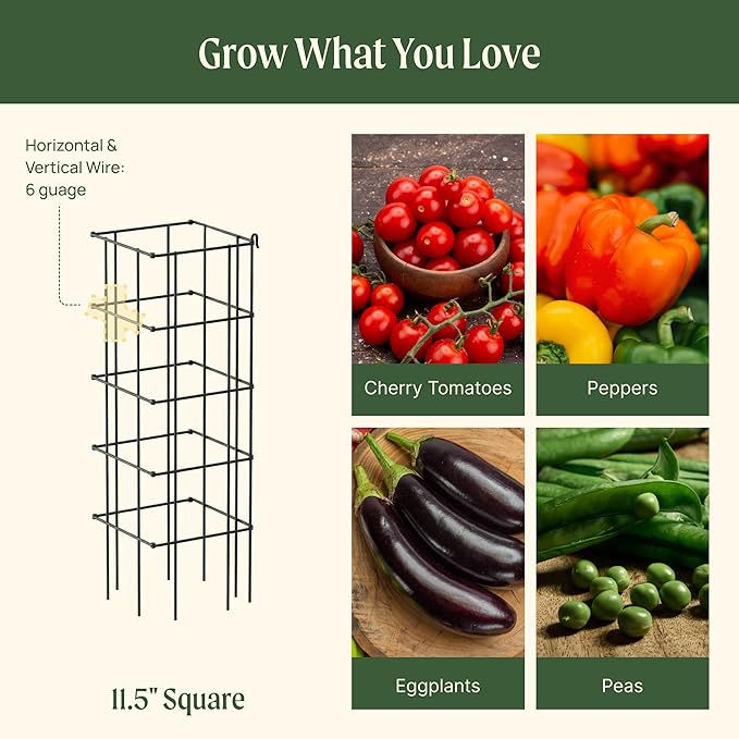 Vego garden 4 Pack 11.5" Square Tomato Cage for Garden & Pots, Rust-Resistant Tomato Stakes Plant Cage Trellis Support for Climbing Vegetables Plants