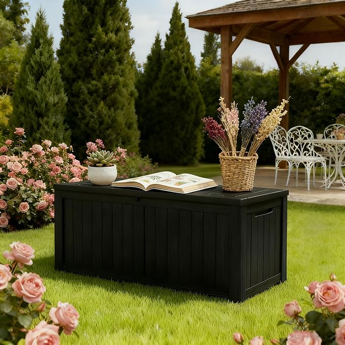 NBYSGO Outdoor Storage Box, Resin Deck Boxes Indoor and outdoor, Waterproof Storage Box Lockable Lid (Black,150 Gallon)