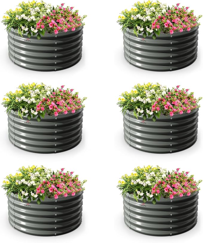 A ANLEOLIFE 6-Packs 4ft x 18” Tall Round Galvanized Raised Garden Beds Outdoor for Planting Vegetables Flowers Herb, Quartz Grey