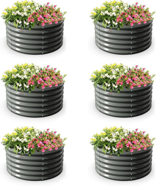 A ANLEOLIFE 6-Packs 4ft x 18” Tall Round Galvanized Raised Garden Beds Outdoor for Planting Vegetables Flowers Herb, Quartz Grey