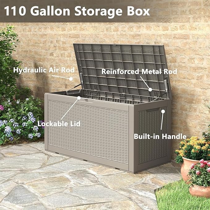 NBYSGO Outdoor Storage Box, Resin Deck Boxes Indoor and outdoor, Waterproof Storage Box Lockable Lid (Grey, 100 Gallon)