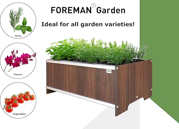 Foreman Raised Garden Bed 10 Year Warranty 36”Lx24”Wx14”H Premium Plastic Wood Grain Aluminum Frame Elevated Planter Box for Backyard Patio Balcony, Tosca