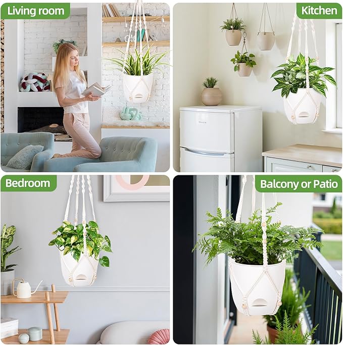 2-Pack 5.7-Inch Self-Watering Hanging Planters for Indoor & Outdoor Plants,34Inch Macrame Hanger Plant Pots Indoor with Drainage,Small Hanging Planters & Baskets,With Two Sets of Hooks（Pure white）
