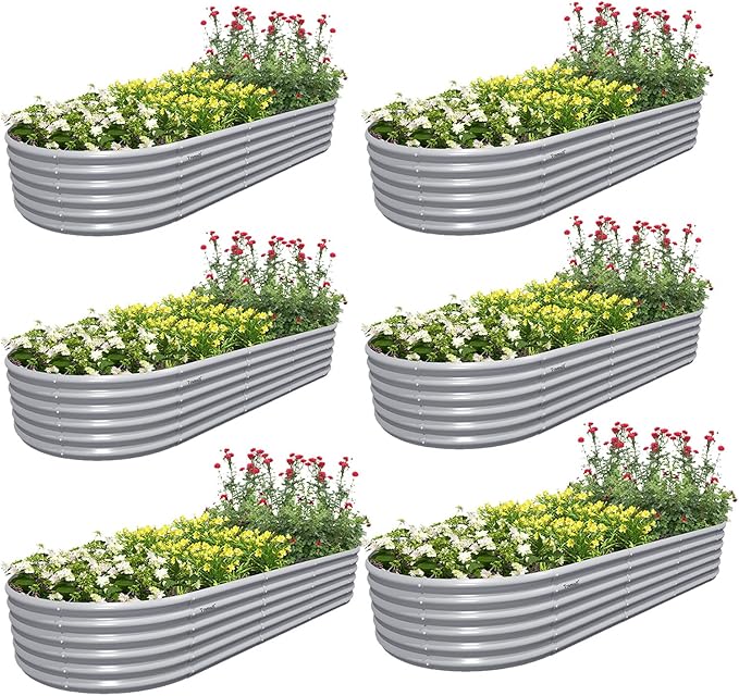 6 Pack 8x3x1.5FT Galvanized Raised Garden Bed Kit Oval Metal Ground Planter Box Outdoor Bottomless Planter Raised Beds for Vegetables Flowers Herbs Fruits, Gray