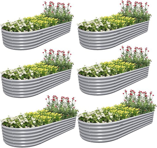 6 Pack 8x3x1.5FT Galvanized Raised Garden Bed Kit Oval Metal Ground Planter Box Outdoor Bottomless Planter Raised Beds for Vegetables Flowers Herbs Fruits, Gray