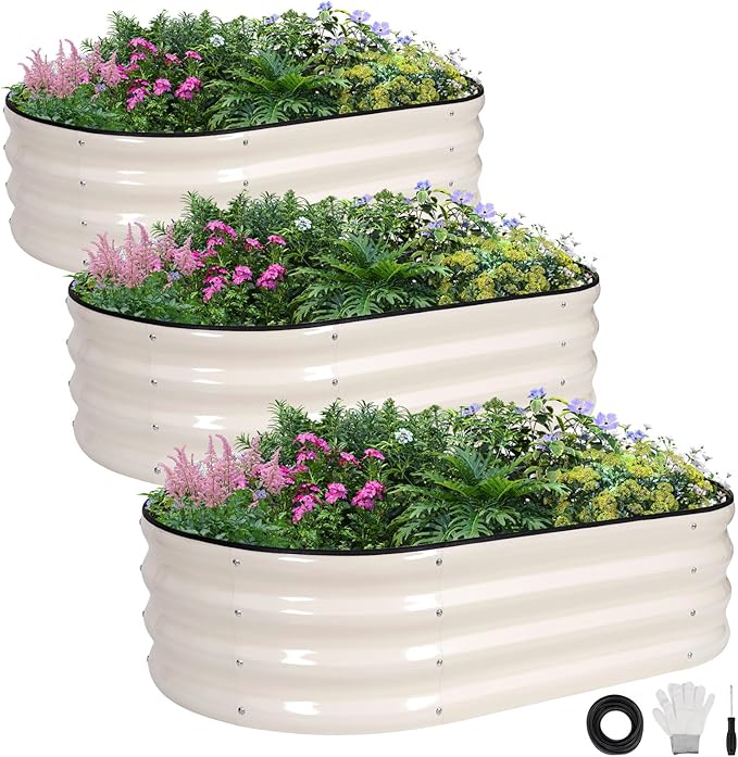 INNO STAGE 3Pcs Galvanized Raised Garden Bed Kit, Outdoor Metal Raised Garden Beds for Vegetables, Rust-Resistant & Easy Assembly, 4x2x1ft Oval Raised beds for Gardening, Flowers, Herbs (White)