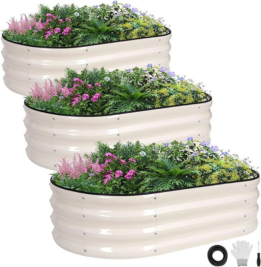 INNO STAGE 3Pcs Galvanized Raised Garden Bed Kit, Outdoor Metal Raised Garden Beds for Vegetables, Rust-Resistant & Easy Assembly, 4x2x1ft Oval Raised beds for Gardening, Flowers, Herbs (White)