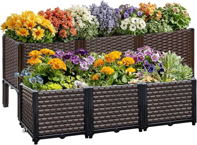 TooCust Rattan Raised Garden Bed with Legs-Large Self Watering Rectangular Elevated Planter Box 47" L x 16" W x 20" H, Deep Outdoor Garden Beds for Vegetables, Flowers, Herbs, Patio & Balcony