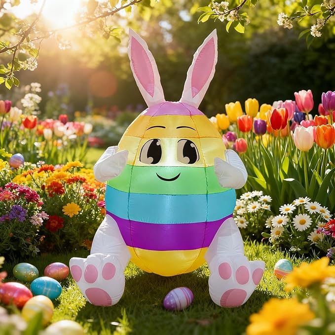 5FT Lighted Easter Inflatable Colorful Egg with Bunny Ears - Blow Up Outdoor Yard Decor for Lawn, Garden & Holiday Party