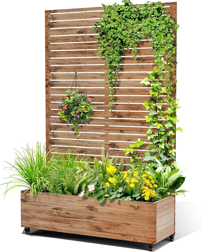 Metal Raised Garden Bed with Trellis, 2-in-1 Planter Box & Privacy Screen for Climbing Plants, Outdoor Standing Flower Bed with Drainage Holes, 47.2" L x 16.7" W x 70.8" H, Natural Wood Grain