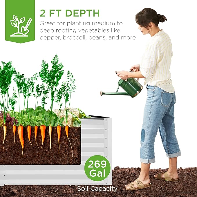 Best Choice Products 6x3x2ft Outdoor Metal Raised Garden Bed, Deep Root Box Planter for Vegetables, Flowers, Herbs, and Succulents w/ 269 Gallon Capacity - White