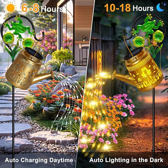 Christma Gifts Solar Lanterns Outdoor Garden Decor, Mothers Day Gifts for Women Mom Grandma Birthday, Large Frog Hanging Watering Can with Shepherd Hook, Waterproof Garden Lights for Outdoor Yard