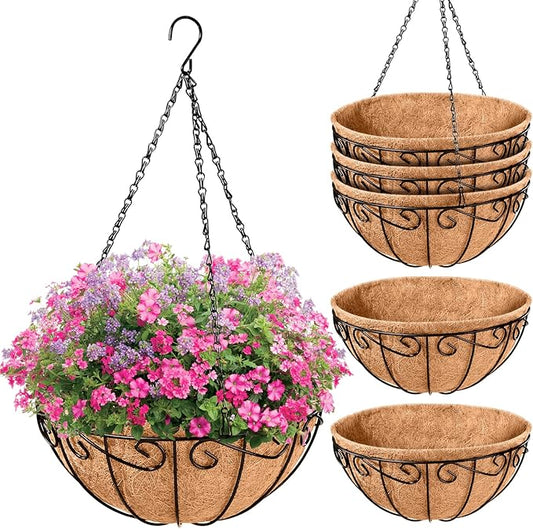 Legigo 6 Pack 14 Inch Metal Hanging Baskets for Plants Outdoor- Round Wire Hanging Planters Basket with Coconut Coir Liner, Hanging Flower Pot for Outdoor Plants Flowers Garden Decorations