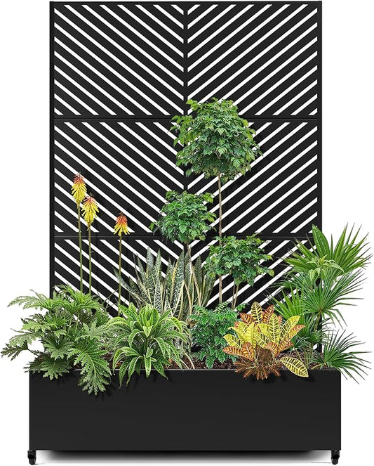 15.7"×70.9"×47.2" Metal Raised Garden Bed with Trellis and Wheels - Tall Trellis Planter Box for Climbing Plants, Vegetables & Vines - Outdoor Privacy Planters for Patio (Black-Parallel)