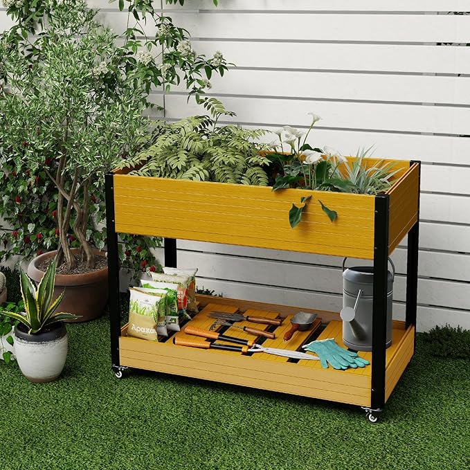 WPC Raised Garden Bed, Waterproof Elevated Planter Box with Legs and Wheels for Outdoor, Standing Patio Planters for Vegetables Flowers Herbs with Drainage Holes, Yellow Teak