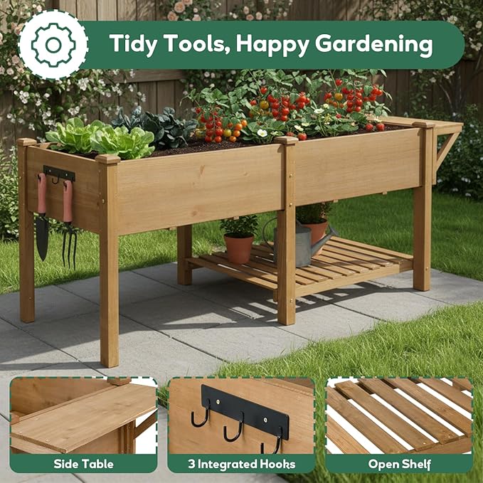 PetsCosset Raised Garden Bed, Storage Shelf, Protective Liner, Table Ledge,Outdoor Garden Bed with Legs for Vegetable, Herb, and Flower Cultivation-Brown (Extension)