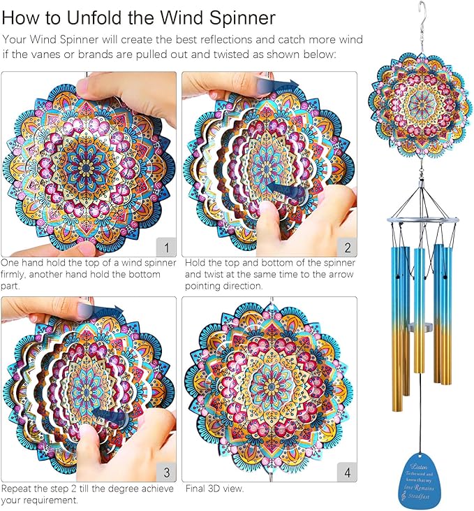 Wind Chimes for Outside with Wind Spinner Mandala Lucky Star,33" Memorial WindChimes Outdoor Garden Decorations,Suitable for Zen Patio,Gifts for Mom Women Wife Grandma,Christmas Ornaments