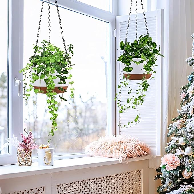 Kvetto Set of 2 8 Inch Self Watering Hanging Planters for Indoor Outdoor Plants, Color Blocking Hanging Baskets Flower Pots with Drainage Hole & Removable Water-Storage Tray
