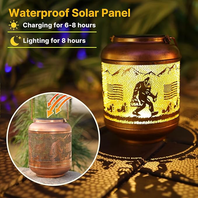 Bigfoot Solar Lanterns Outdoor Waterproof Hanging Solar Lights Big Foot Sasquatch Birthday Gifts for Women Men Metal Decoratives LED Lantern for Patio, Backyard, Porch, Yard, Lawn, Garden Decor
