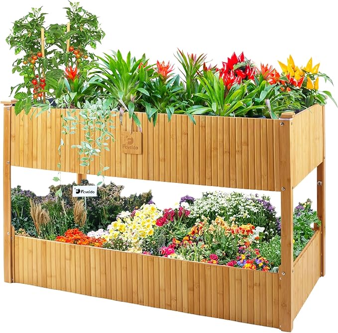 Raised Garden Bed - 2-Tier Elevated Planter Box for Herbs, Vegetables, Succulents & Flowers | 48x25x30 Inch Standing Growing Bed | Outdoor/Indoor Bamboo Planter