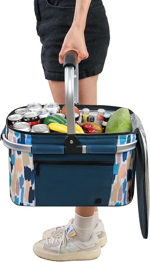 ALLCAMP Picnic Basket - Insulated Cooler, Thickening Foldable Picnic Basket with Removable Baskets & Sewn-in Frame, Basket for House Warming Gifts New Home(Graffiti Pattern)