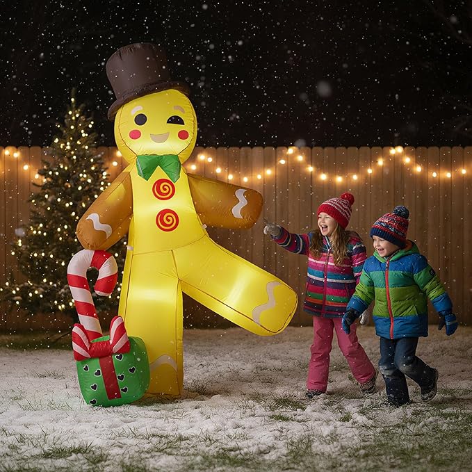 Christmas Inflatable Gingerbread Man with Top Hat, Lighted Gingerbread Man Decoration with Candy Cane & Gift Box, Outdoor Indoor Holiday Blow Up Decor for Yard Lawn Garden