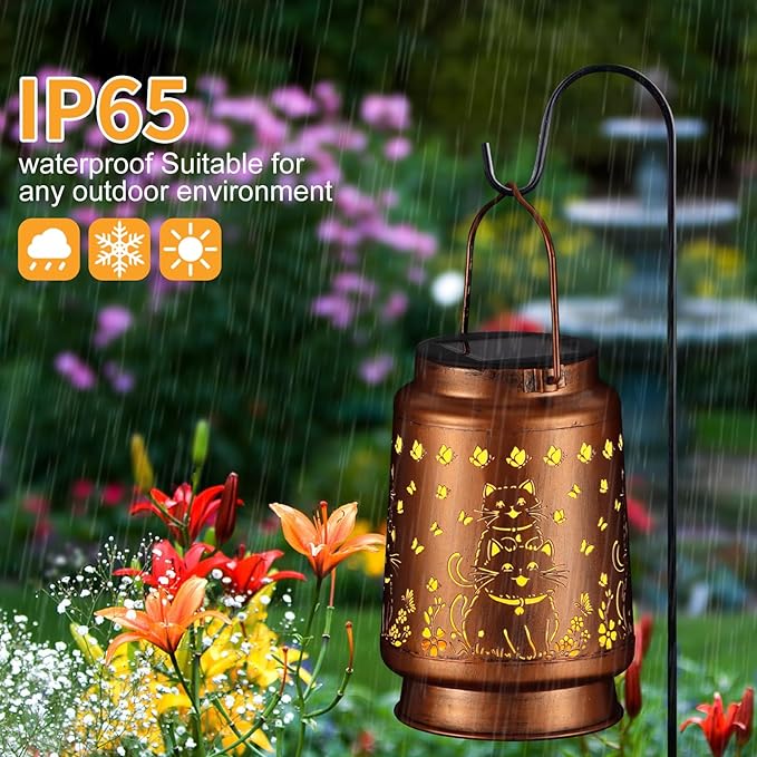 Solar Lantern Outdoor Hanging Waterproof Outside Metal Openwork Hummingbird Pattern Birthday Gifts for Women Mom Landscape Lights for Porch Garden Yard Patio Pathway Decor(Cat)