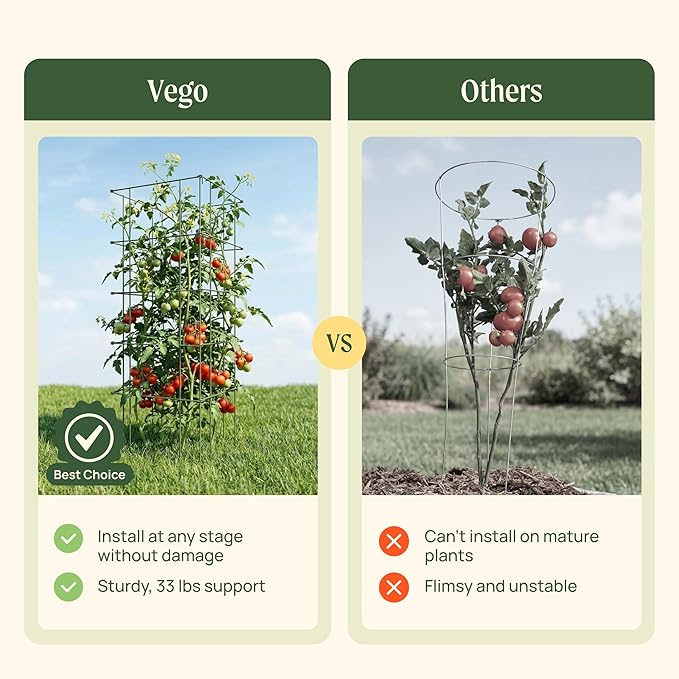Vego Garden Tomato Cage 16.5" Square Heavy-Duty for Garden & Pots, Rust-Resistant Tomato Stackable Plant Cage Trellis Support for Climbing Vegetables Plants