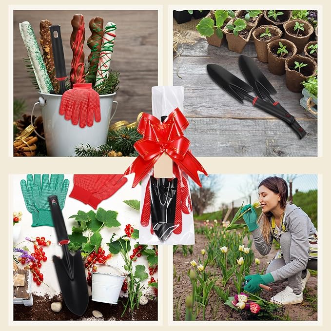 Therwen 12 Pcs Christmas Shovel Gloves Gifts Set with Bag Bow Tie Blank Tags Heavy Duty Garden Hand Shovel Anti-Slip Dots Gloves for Yard Lawn Farm Planting Tool Christmas Spring Planting Lover Gifts
